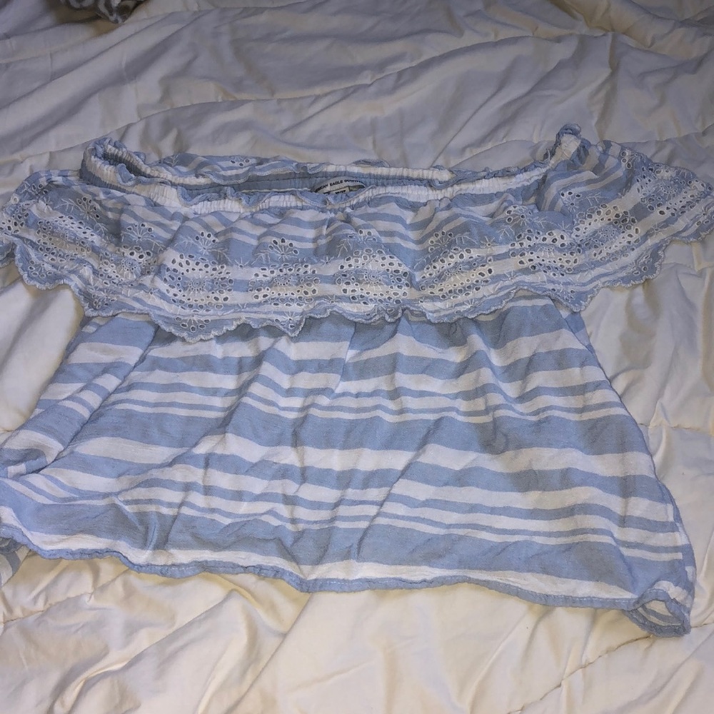 blue off the shoulder crop top